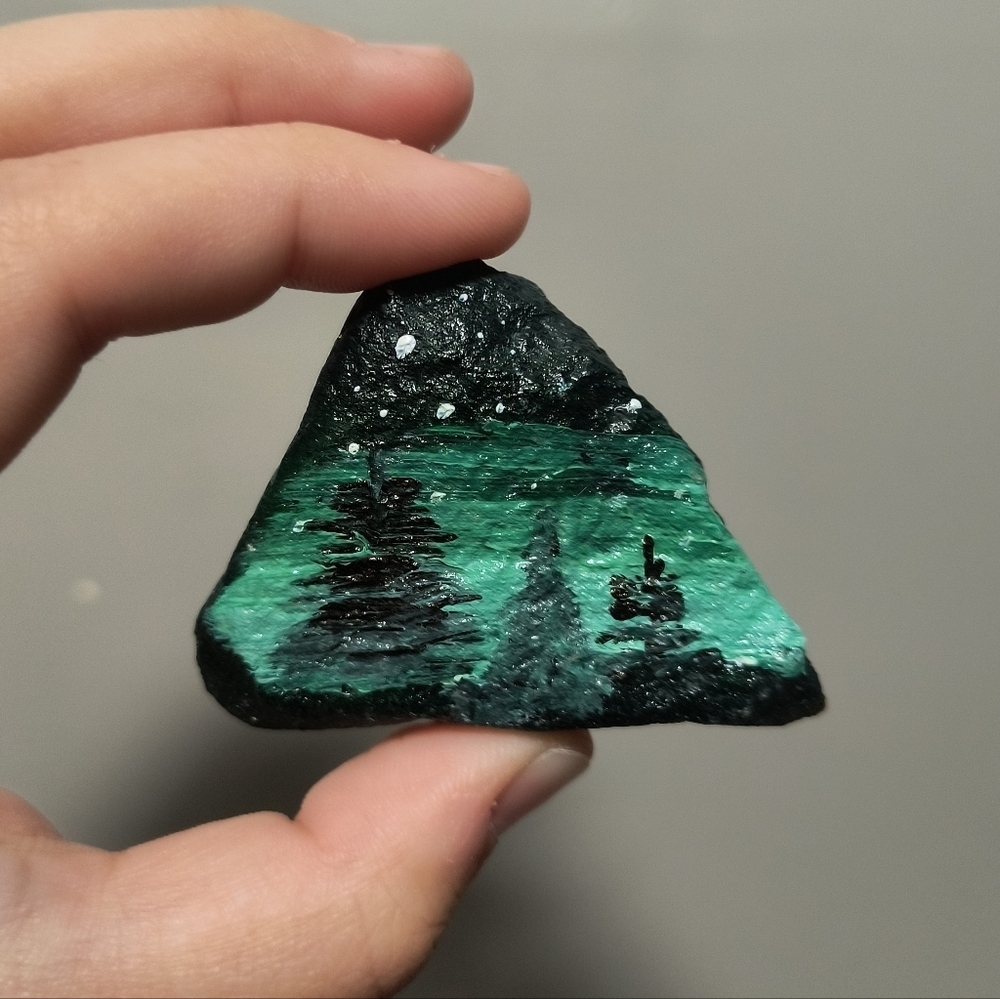 Hand-Painted Green and Black Stone Art